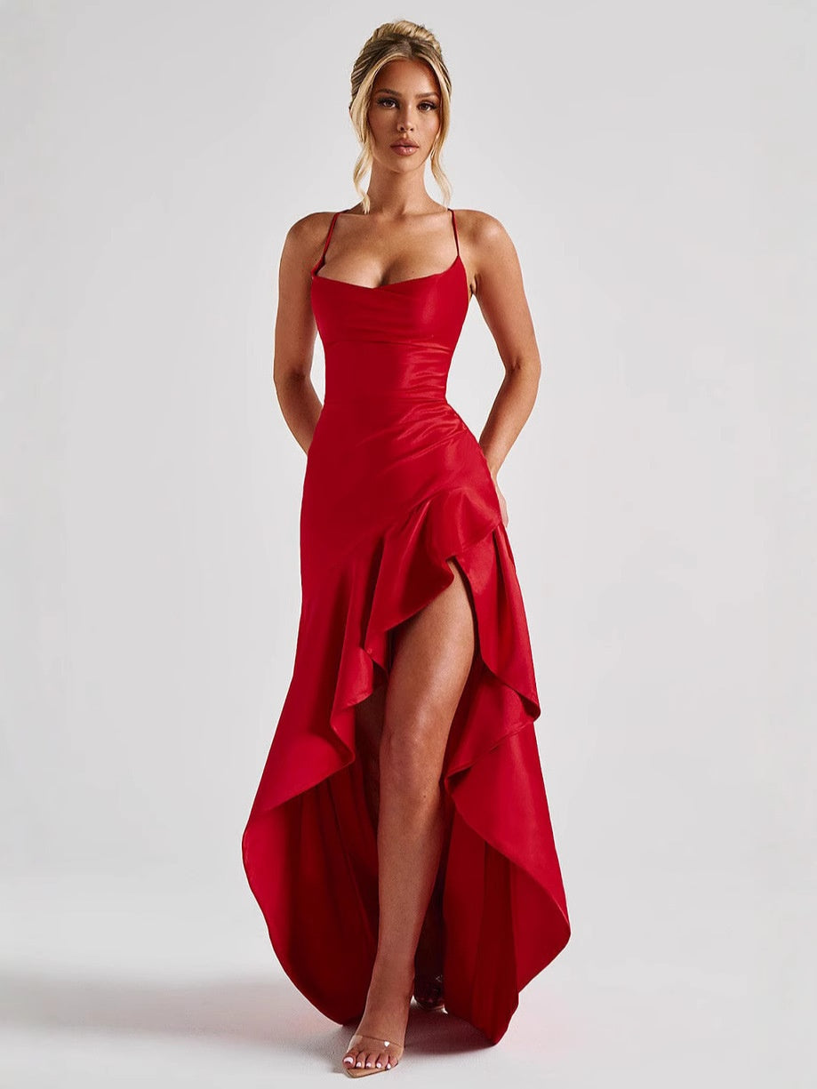 Scarlet Satin High Slit Evening Midi Dress