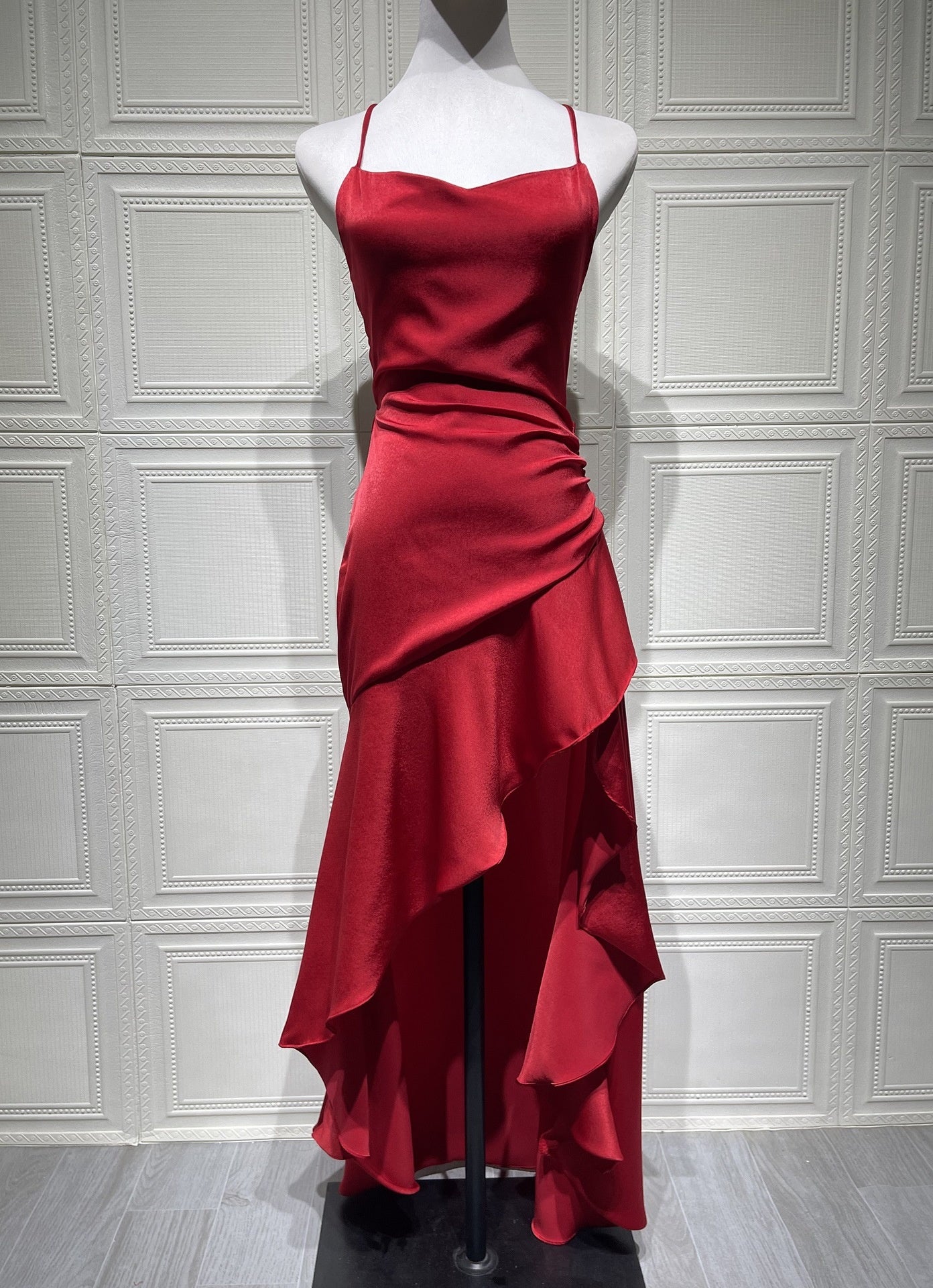 Scarlet Satin High Slit Evening Midi Dress
