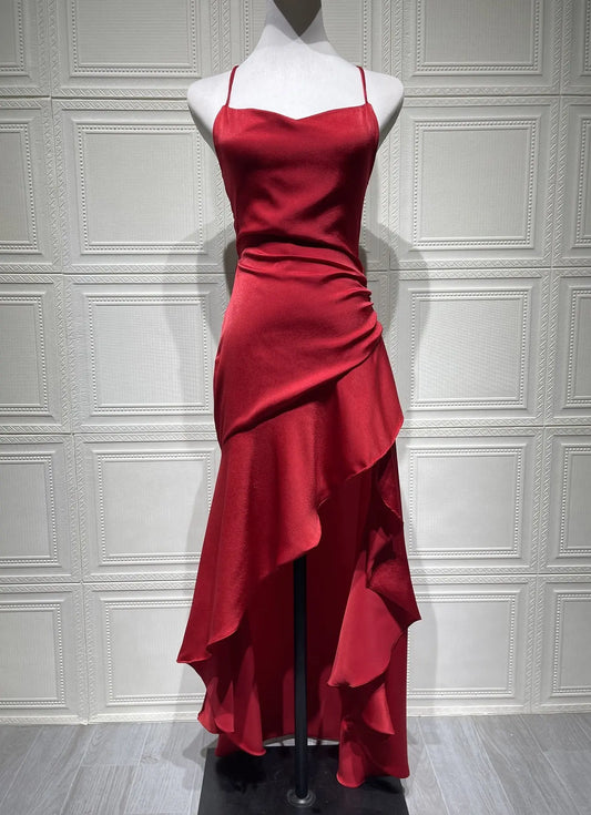 Scarlet Satin High Slit Evening Midi Dress Carilie