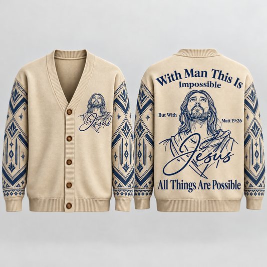 Men's Jesus Christian Cardigan, Matthew 19:26 All Things Are Possible Sweater, Cream Navy Button Up Knit, Faith Gift for Men