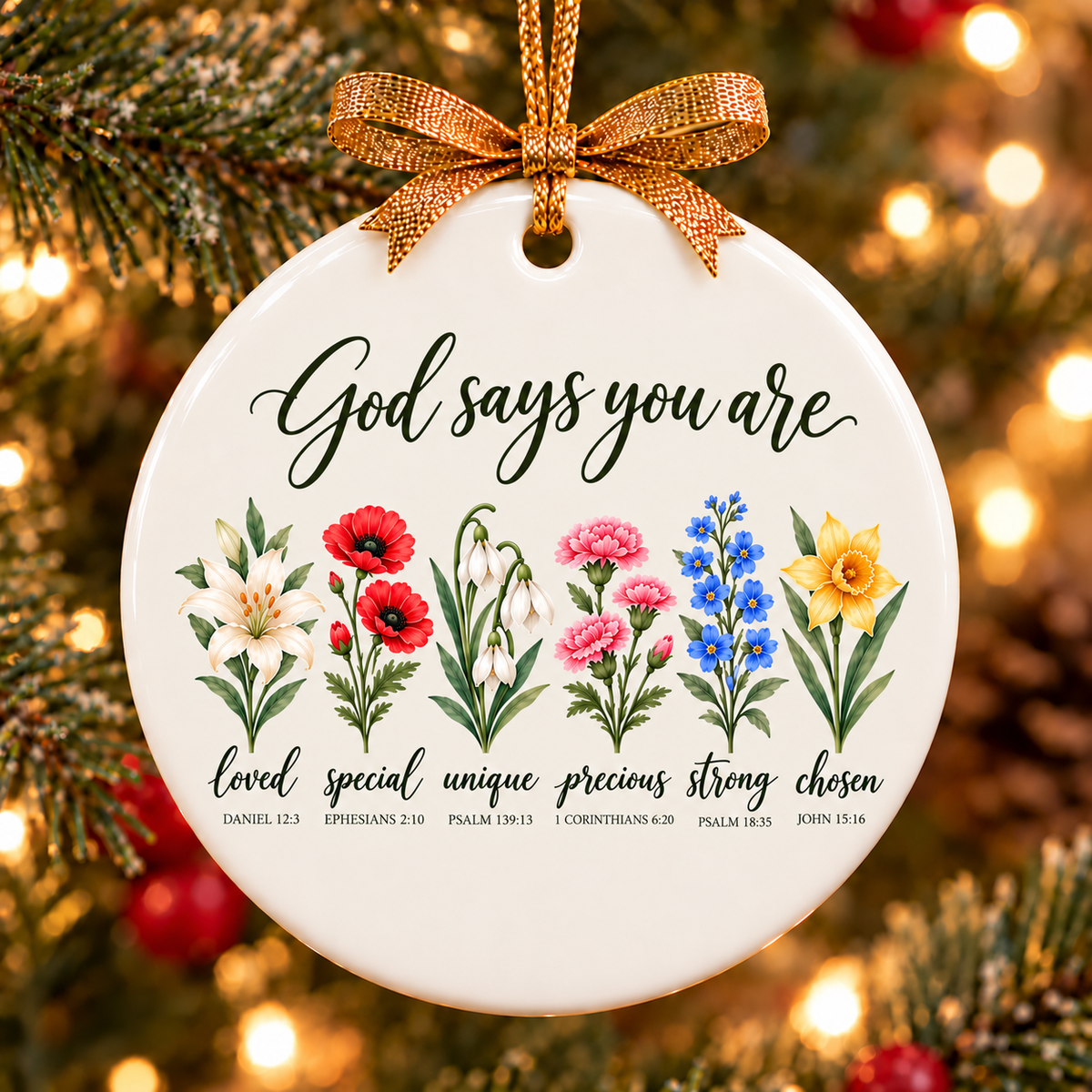 God Says You Are Christian Ceramic Ornament, Bible Verse Floral Faith Keepsake, Inspirational Christmas Gift for Women