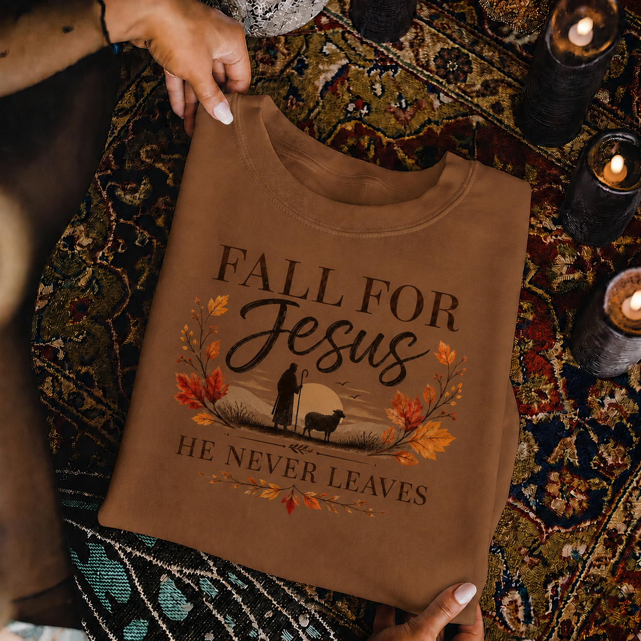 Fall For Jesus He Never Leaves Christian Autumn Faith Unisex Tshirt / Hoodie / Sweatshirt