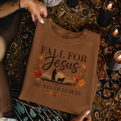 Fall For Jesus He Never Leaves Christian Autumn Faith Unisex Tshirt / Hoodie / Sweatshirt