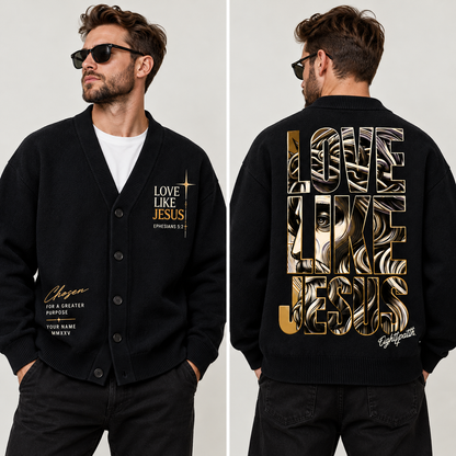 Love Like Jesus Christian Cardigan, Personalized Jesus Sweater, Black Gold Button Up Cardigan, Religious Gift for Men