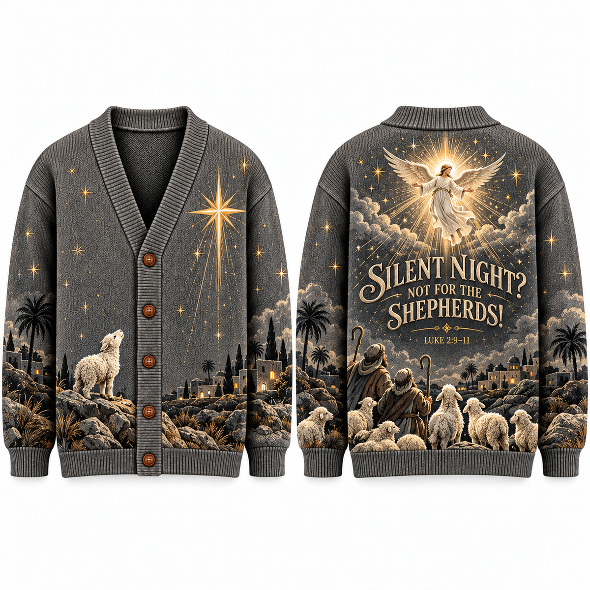 Christian Christmas Cardigan, Silent Night Shepherds Sweater, Luke 2:9-11 Angel Nativity Knitwear, Men's Religious Holiday Gift
