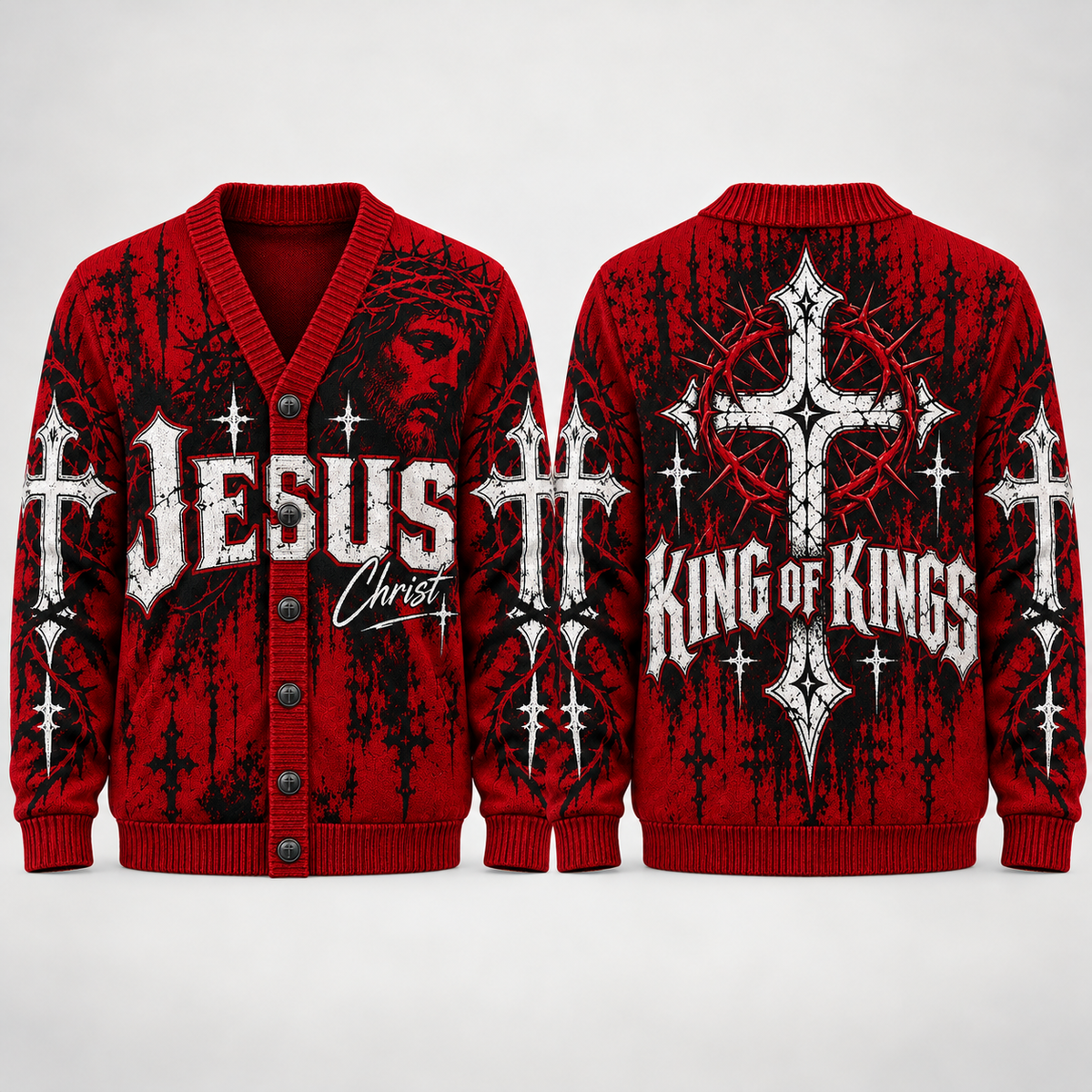 Jesus Christ King of Kings Cardigan, Christian Cross Religious Sweater, Gothic Faith Men’s Button Up Knit Cardigan