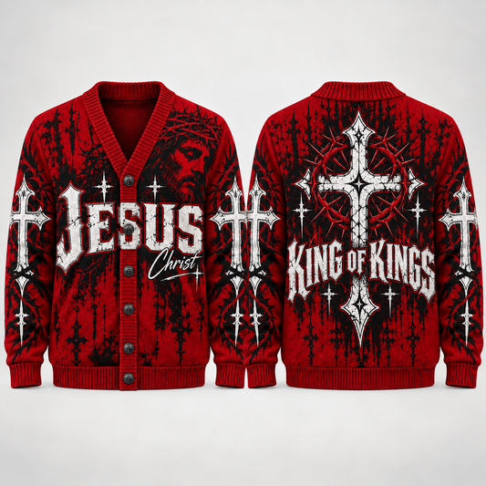 Jesus Christ King of Kings Cardigan, Christian Cross Religious Sweater, Gothic Faith Men’s Button Up Knit Cardigan