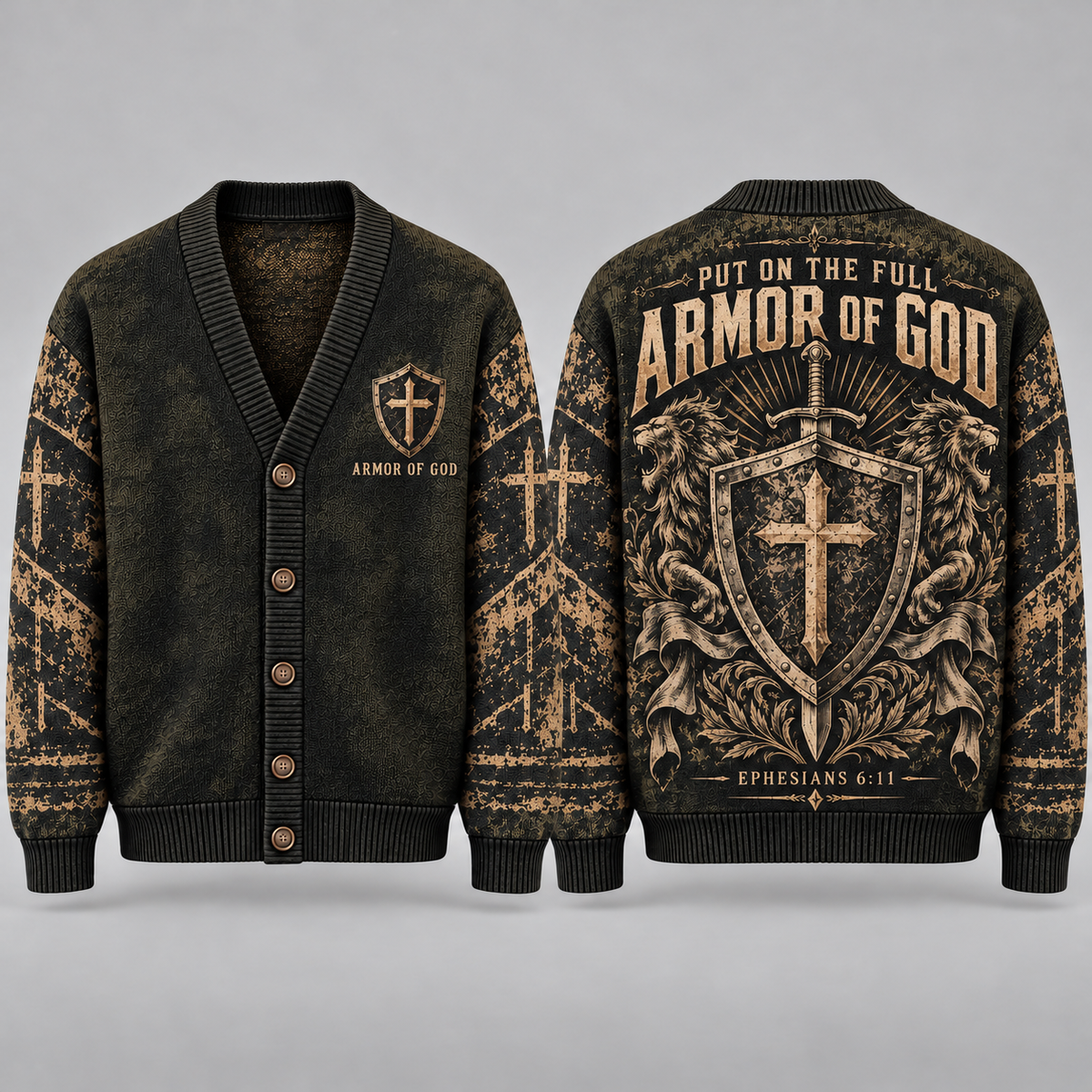 Armor of God Christian Cardigan, Ephesians 6:11 Cross Shield Sweater, Men’s Faith Button Up Religious Knit Cardigan