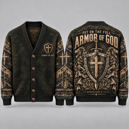 Armor of God Christian Cardigan, Ephesians 6:11 Cross Shield Sweater, Men’s Faith Button Up Religious Knit Cardigan