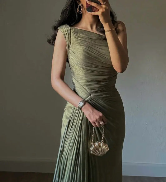 Olive Ruched Elegant Evening Gown Maxi Dress Carilie