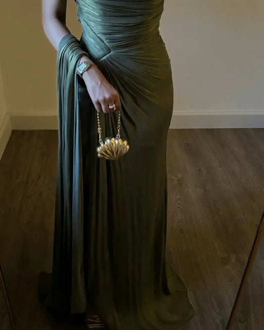 Olive Ruched Elegant Evening Gown Maxi Dress Carilie