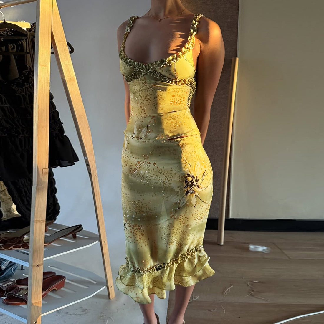 Emerald Floral Ruched Midi Dress