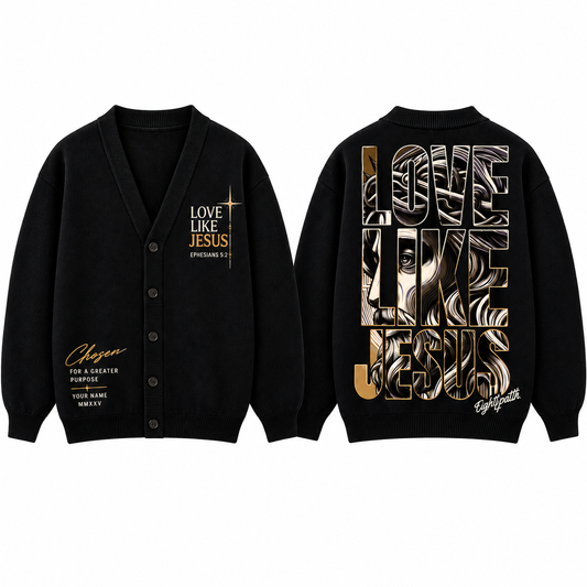 Love Like Jesus Christian Cardigan, Personalized Jesus Sweater, Black Gold Button Up Cardigan, Religious Gift for Men