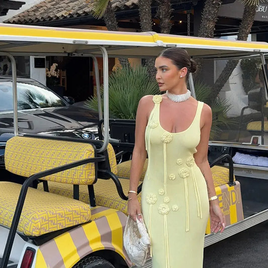 Butter Yellow Floral Knit Maxi Dress Carilie