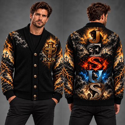 Jesus Crown of Thorns Christian Cardigan, Cross Religious Sweater, Men’s Faith Button Up Knit Cardigan, Christian Gift