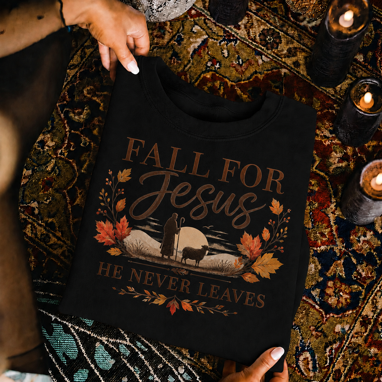 Fall For Jesus He Never Leaves Christian Autumn Faith Unisex Tshirt / Hoodie / Sweatshirt