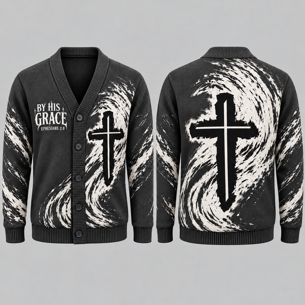 Men's Christian Cross Cardigan, By His Grace Ephesians 2:8 Sweater, Religious Button Up Knitwear, Faith Gift for Men