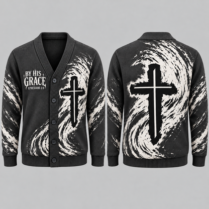 Men's Christian Cross Cardigan, By His Grace Ephesians 2:8 Sweater, Religious Button Up Knitwear, Faith Gift for Men