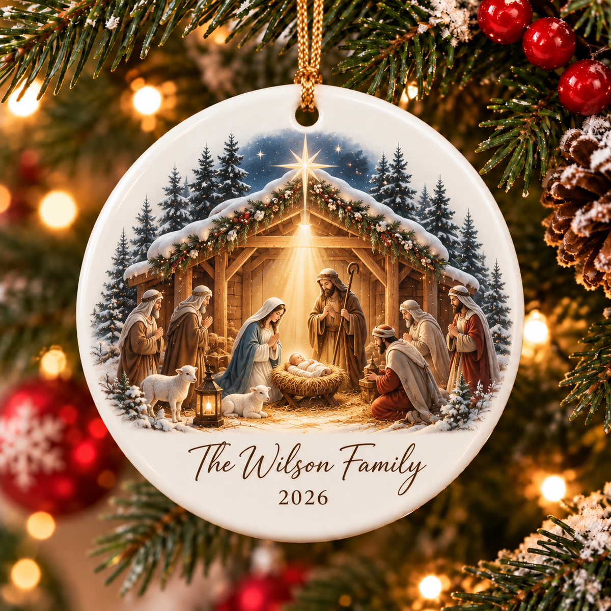 Personalized Nativity Ornament, Christian Christmas Ornament, Family Name Ornament, Jesus Manger Keepsake, Christmas Gift