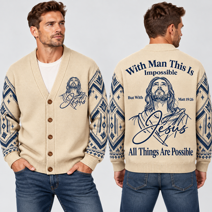 Men's Jesus Christian Cardigan, Matthew 19:26 All Things Are Possible Sweater, Cream Navy Button Up Knit, Faith Gift for Men