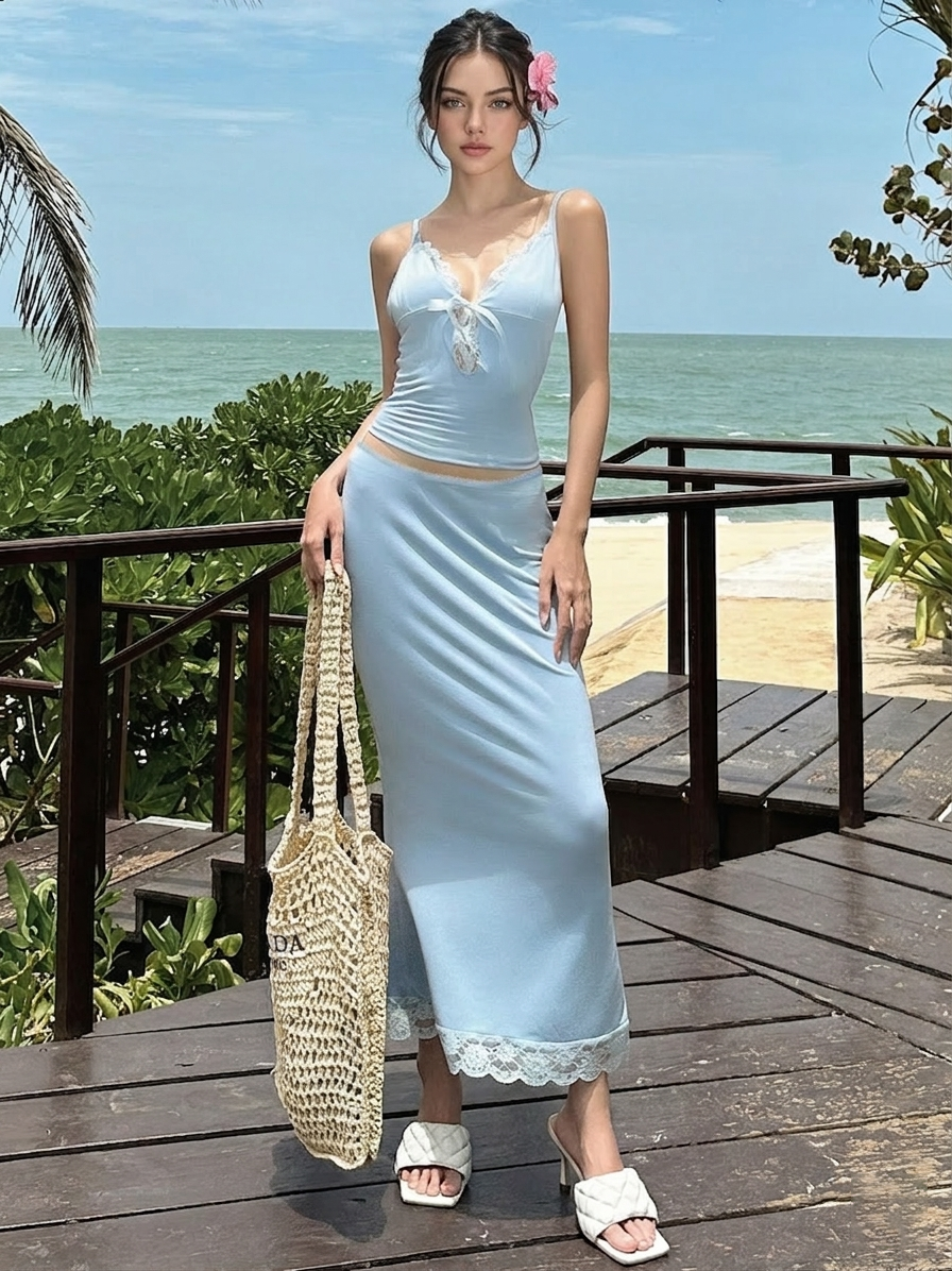 Azure Lace Slip Midi Set