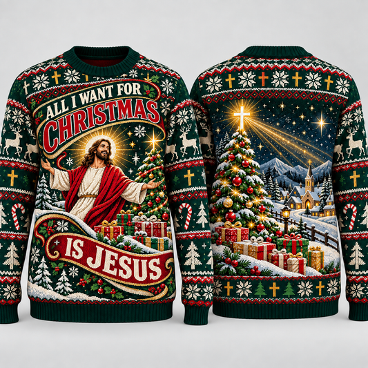 All I Want For Christmas Is Jesus Sweater, Christian Ugly Christmas Sweater, Men’s Faith Holiday Knit Christmas Pullover
