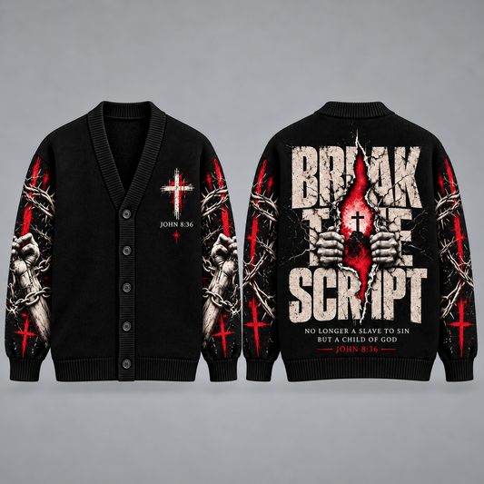 Jesus Christian Cardigan, Break the Script Religious Sweater, John 8:36 Cross Button Up Cardigan, Faith Gift for Men