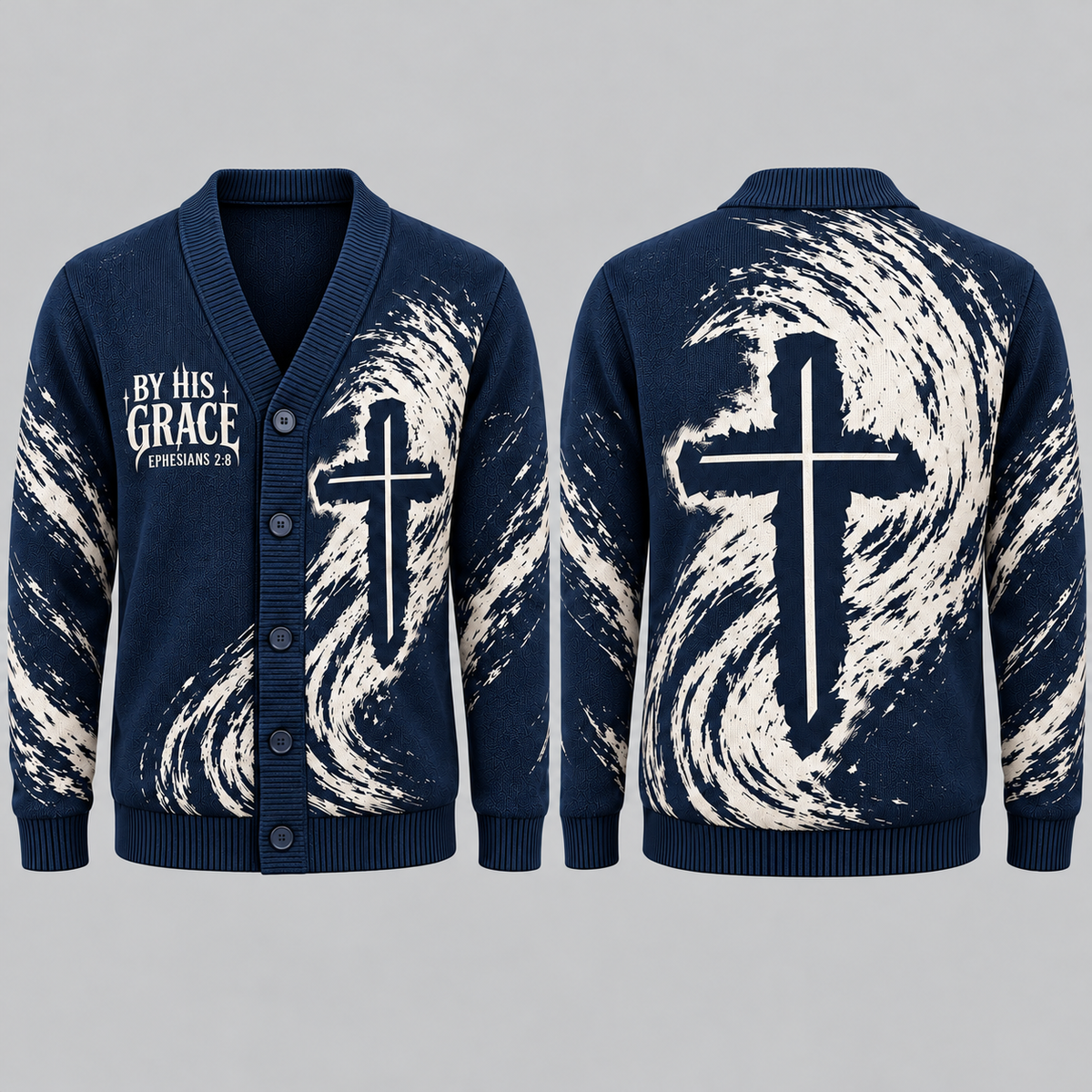 Men's Christian Cross Cardigan, By His Grace Ephesians 2:8 Sweater, Religious Button Up Knitwear, Faith Gift for Men