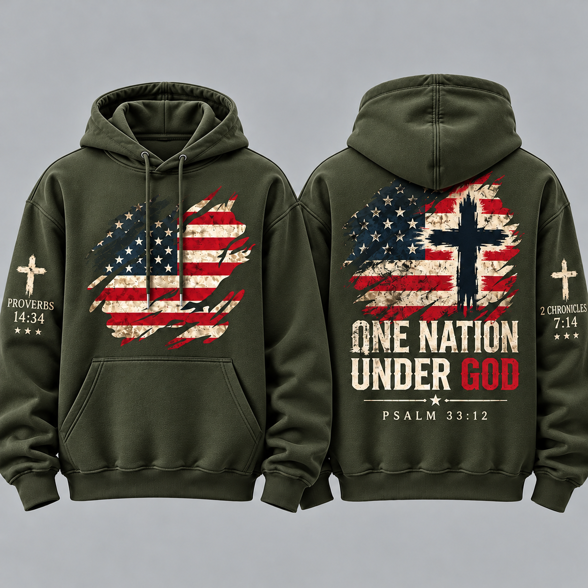 Christian Patriotic Hoodie for Men, One Nation Under God Sweatshirt, American Flag Cross Pullover, Religious USA Gift