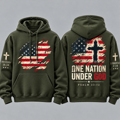 Christian Patriotic Hoodie for Men, One Nation Under God Sweatshirt, American Flag Cross Pullover, Religious USA Gift