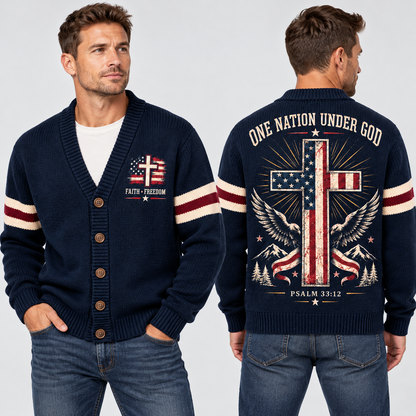 Men’s Christian Patriotic Cardigan, One Nation Under God Cross Sweater, American Flag Button Up Knit, Psalm 33:12 Faith Gift