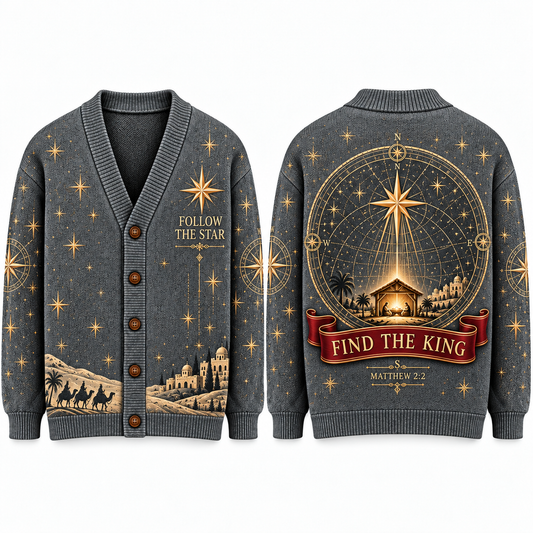 Christian Christmas Cardigan, Follow the Star Nativity Sweater, Matthew 2:2 Bethlehem Star, Men’s Faith Holiday Knitwear Gift