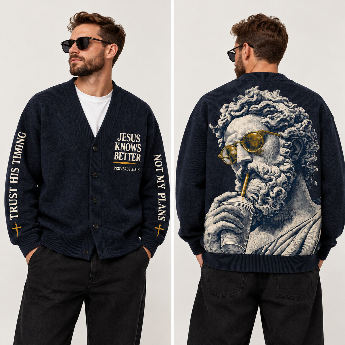 Jesus Knows Better Cardigan, Funny Christian Sweater, Trust His Timing Bible Verse, Navy Blue Button Up Cardigan, Gift for Men