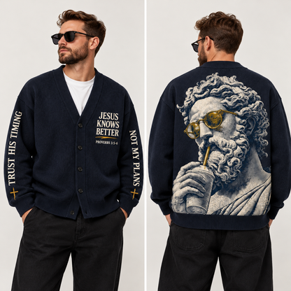 Jesus Knows Better Cardigan, Funny Christian Sweater, Trust His Timing Bible Verse, Navy Blue Button Up Cardigan, Gift for Men