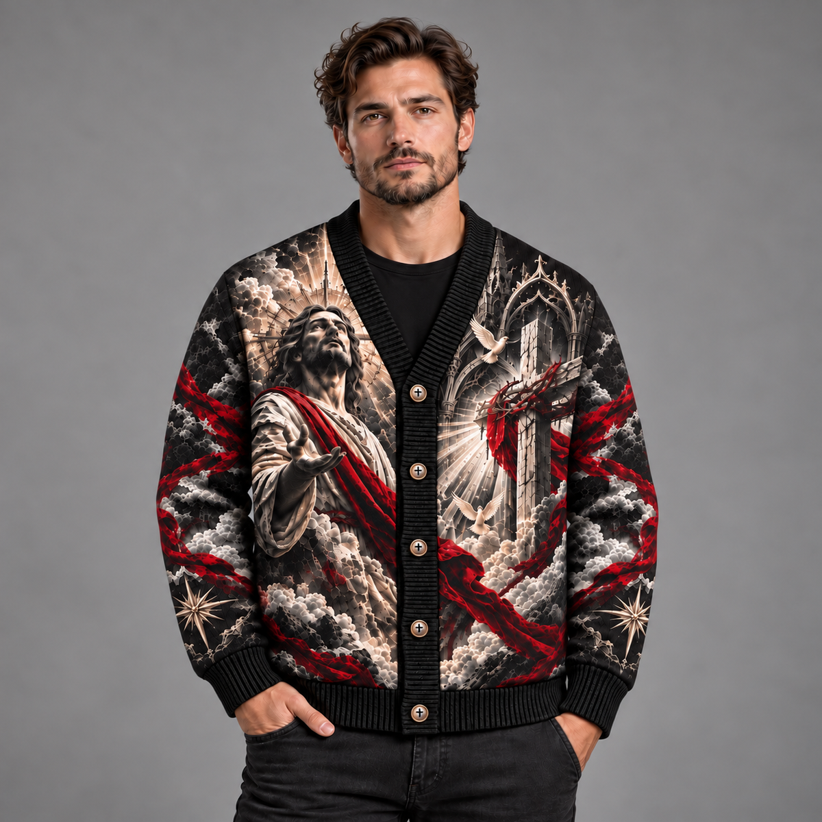 Jesus Christian Cardigan, Gothic Cross Religious Sweater, Men’s Faith Button Up Knit Cardigan, Church Inspired Christian Gift
