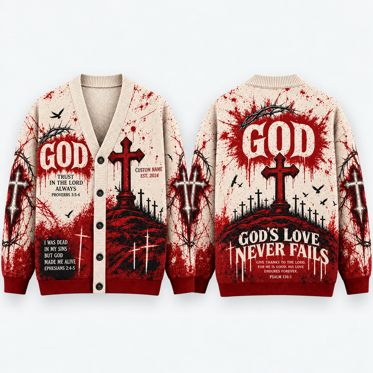 Personalized Christian Cardigan, God Cross Religious Sweater, Custom Name Year Button Up, Bible Verse Faith Gift for Men