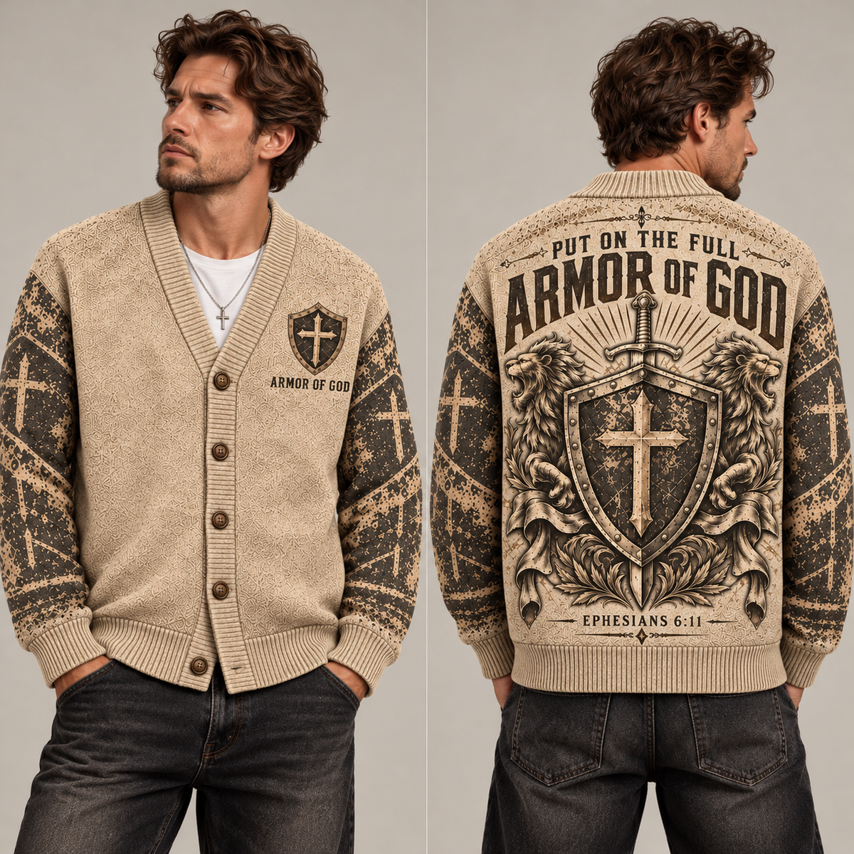 Armor of God Christian Cardigan, Ephesians 6:11 Cross Shield Sweater, Men’s Faith Button Up Religious Knit Cardigan