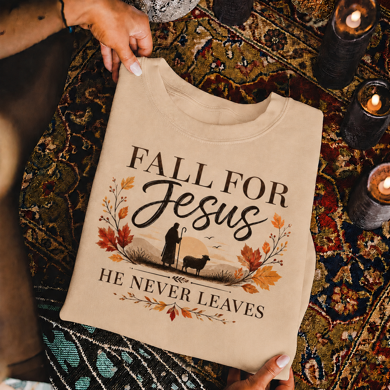 Fall For Jesus He Never Leaves Christian Autumn Faith Unisex Tshirt / Hoodie / Sweatshirt
