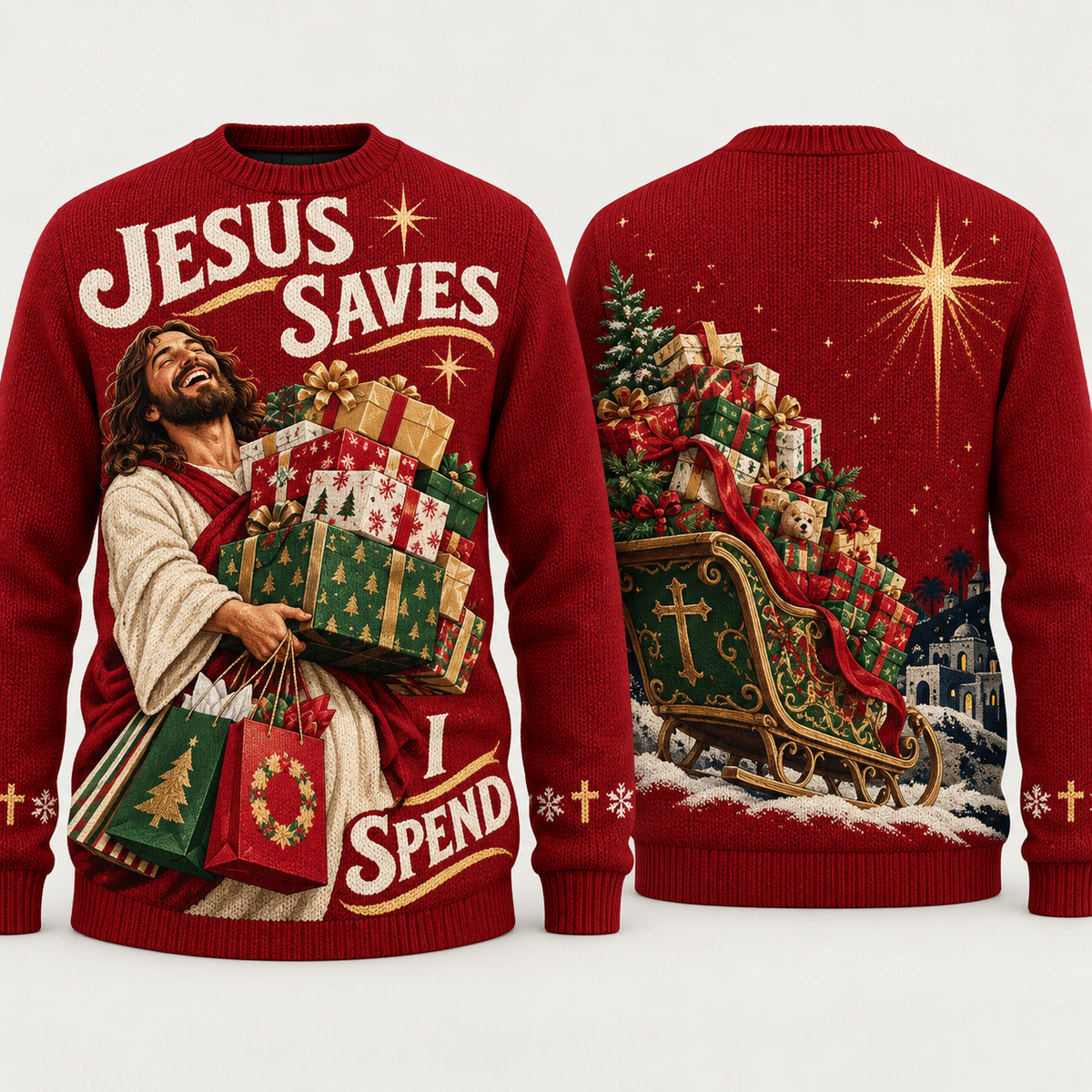 Jesus Saves I Spend Christian Christmas Sweater, Funny Jesus Ugly Christmas Sweater, Men’s Faith Holiday Knit