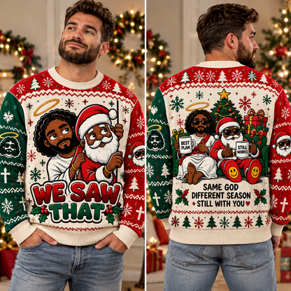 Ugly Christian Christmas Sweater, Jesus Santa We Saw That, Funny Religious Holiday Crewneck, Christian Xmas Gift for Men
