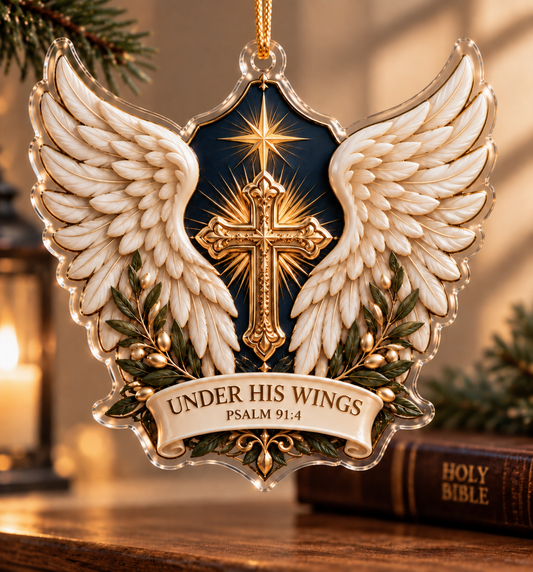 Under His Wings Christian Ornament, Psalm 91:4 Acrylic Ornament, Angel Wings Cross Gift, Religious Christmas Keepsake