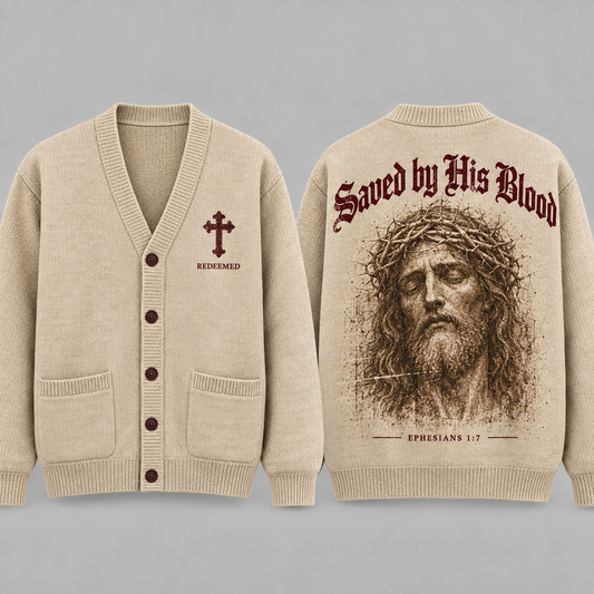 Jesus Christian Cardigan, Saved by His Blood Sweater, Ephesians 1:7 Religious Knit Cardigan, Vintage Faith Gift for Men