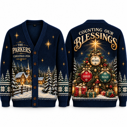 Personalized Family Christmas Cardigan, Custom Name Christmas Sweater, Christian Holiday Knit Cardigan, Family Gift
