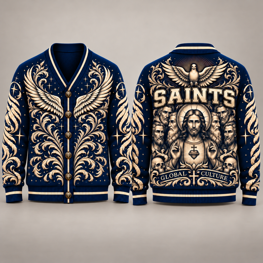 Jesus Christian Cardigan, Saints Religious Sweater, Navy Blue Gold Angel Wings Button Up Cardigan, Christian Gift for Men