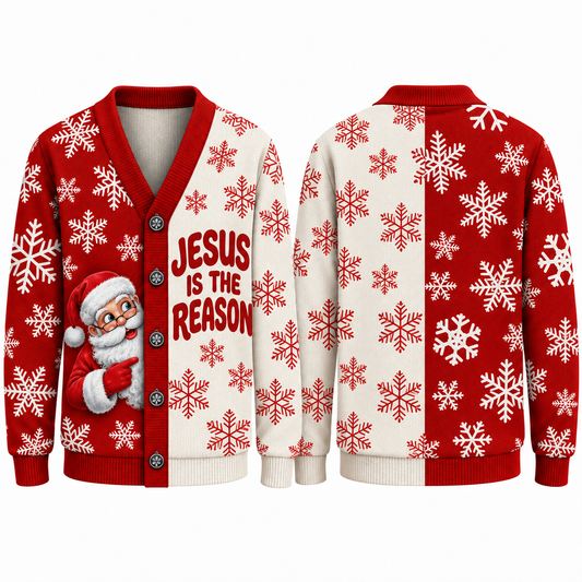 Jesus Christian Christmas Cardigan, Santa Jesus Is the Reason Sweater, Men's Ugly Xmas Button Up Knit, Religious Holiday Gift