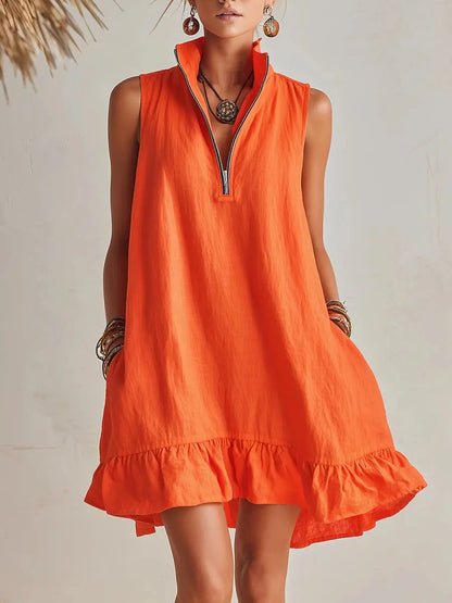 Orange Cotton Linen Stand Collar Half-Zip Mini Dress Carilie