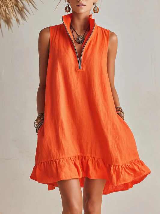 Orange Cotton Linen Stand Collar Half-Zip Mini Dress Carilie