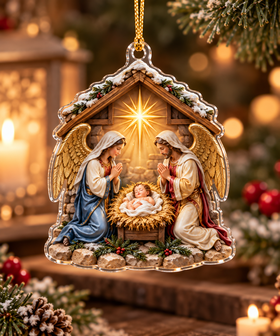 Christian Nativity Acrylic Ornament, Holy Family Baby Jesus Angel & Wise Men, Religious Christmas Gift for Family
