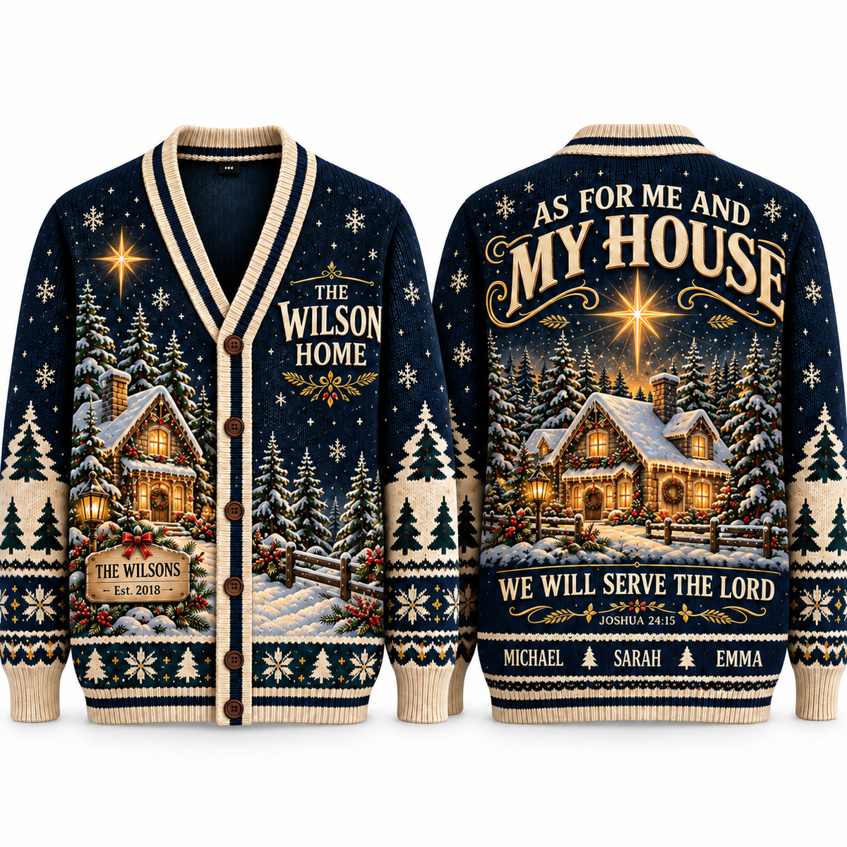 Personalized Christian Christmas Cardigan, Custom Family Name Sweater, Joshua 24:15, As for Me and My House Holiday Gift