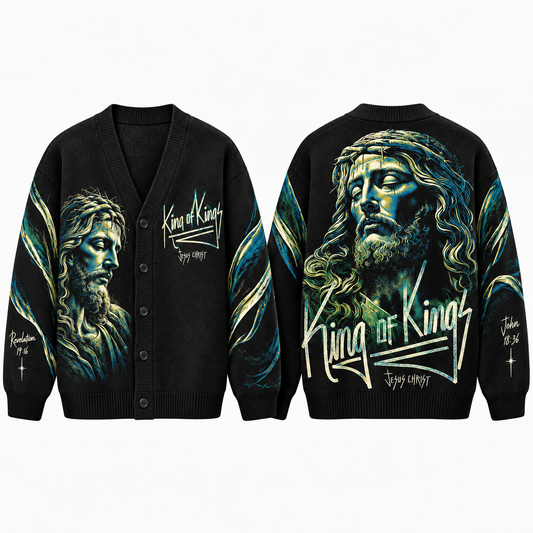 Jesus King of Kings Cardigan, Christian Jesus Christ Sweater, Black Graphic Button Up Cardigan, Religious Gift for Men